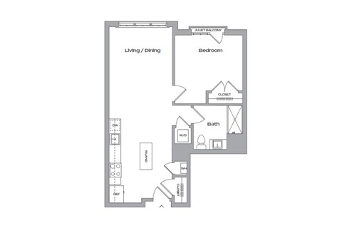 Floor plan for 1 bed, 1 bath, 721 sqft